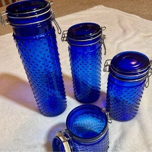 Set of 4 Cobalt Blue Hobnail Glass Storage Jars